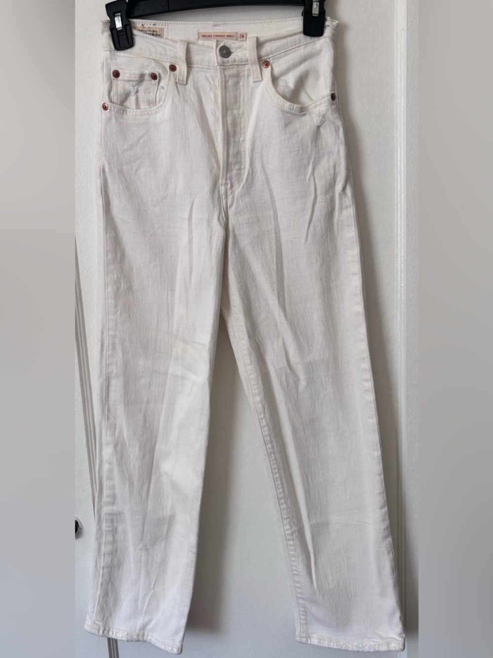 Levi’s Ribcage Straight Ankle Jeans White High Rise Raw Hem Size 24